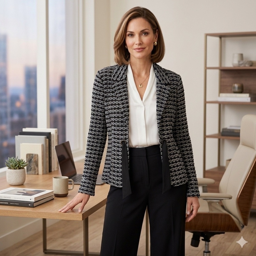 Peck & Peck Collection Womens Black Grey Textured Knit Tie Front Blazer Jacket L